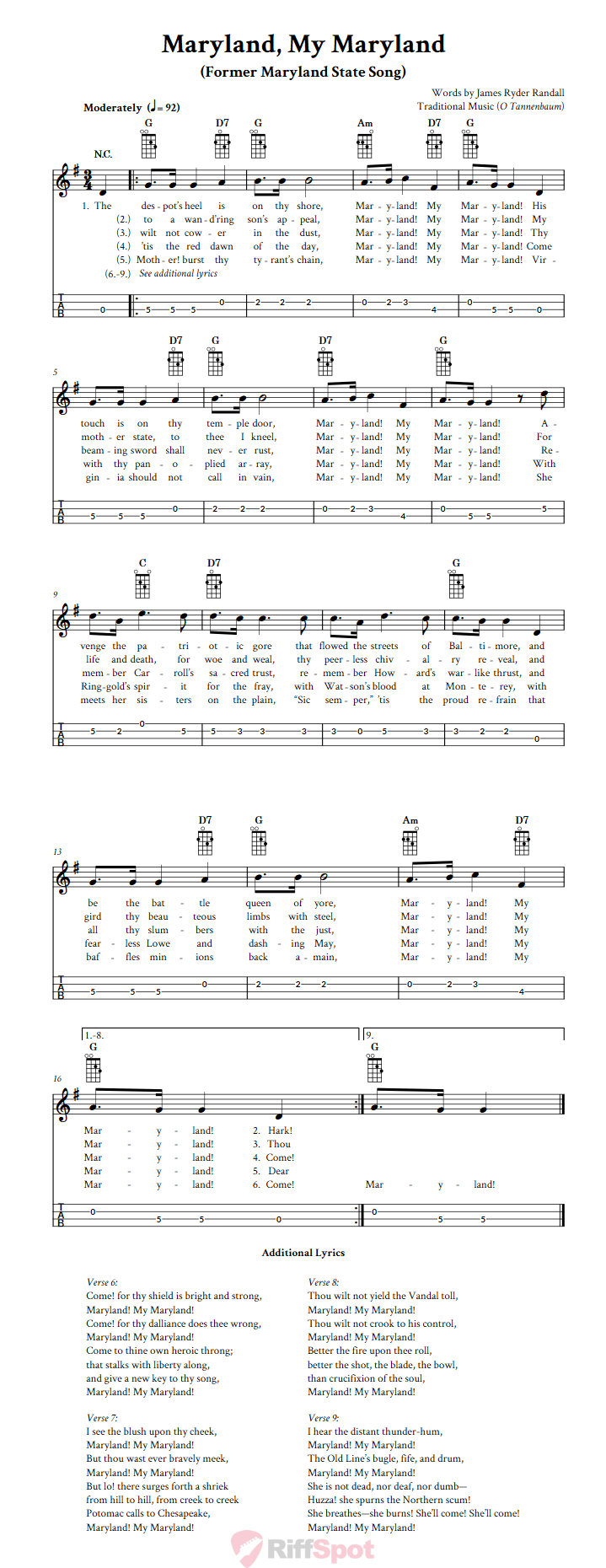 Maryland, My Maryland Chords, Sheet Music and Tab for Mandolin with Lyrics
