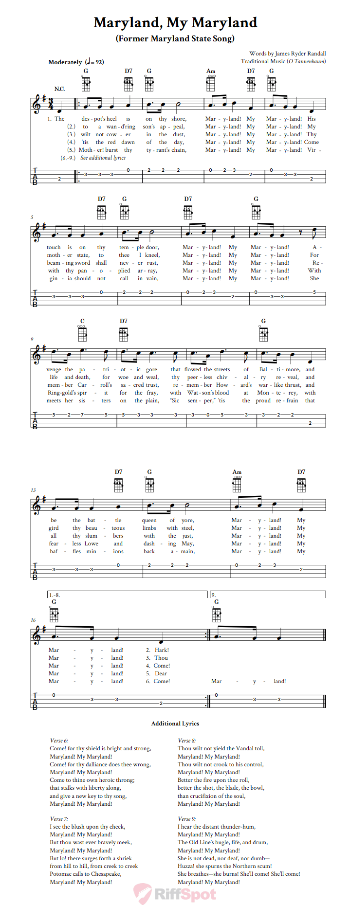 Maryland, My Maryland Chords, Sheet Music and Tab for Ukulele with Lyrics