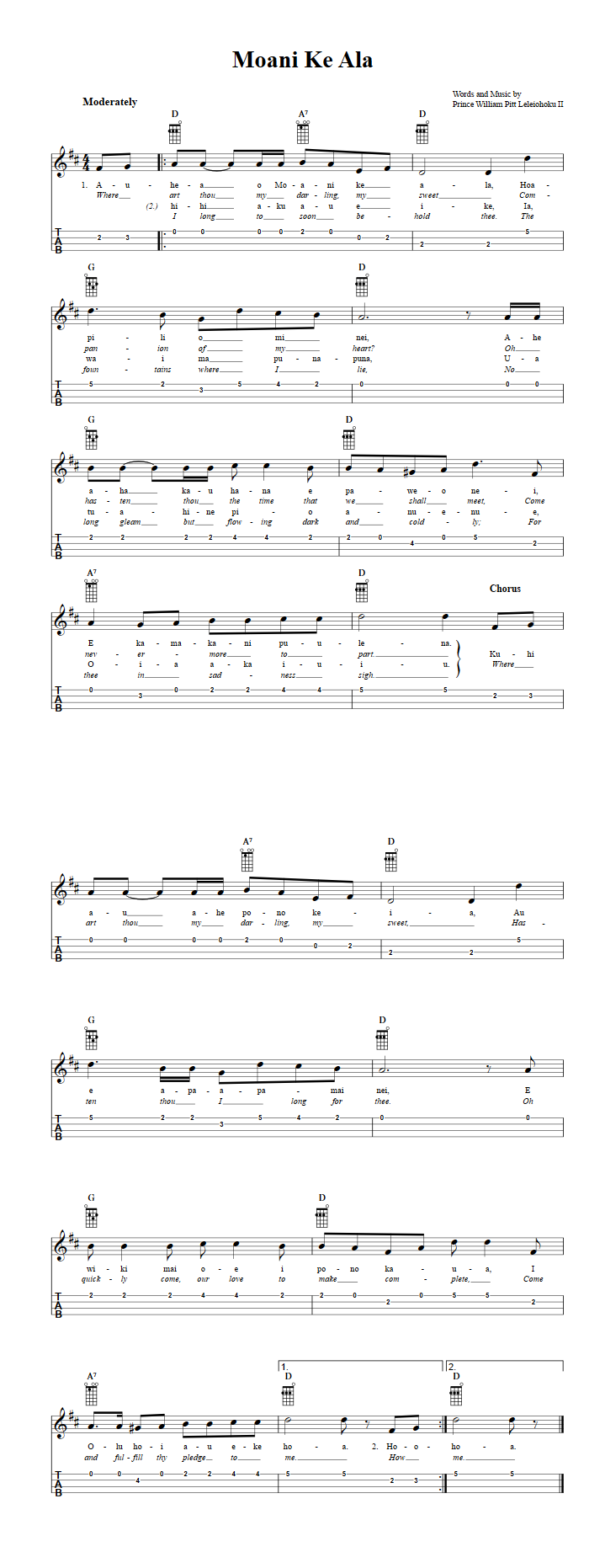 Moani Ke Ala: Chords, Sheet Music and Tab for Ukulele with Lyrics