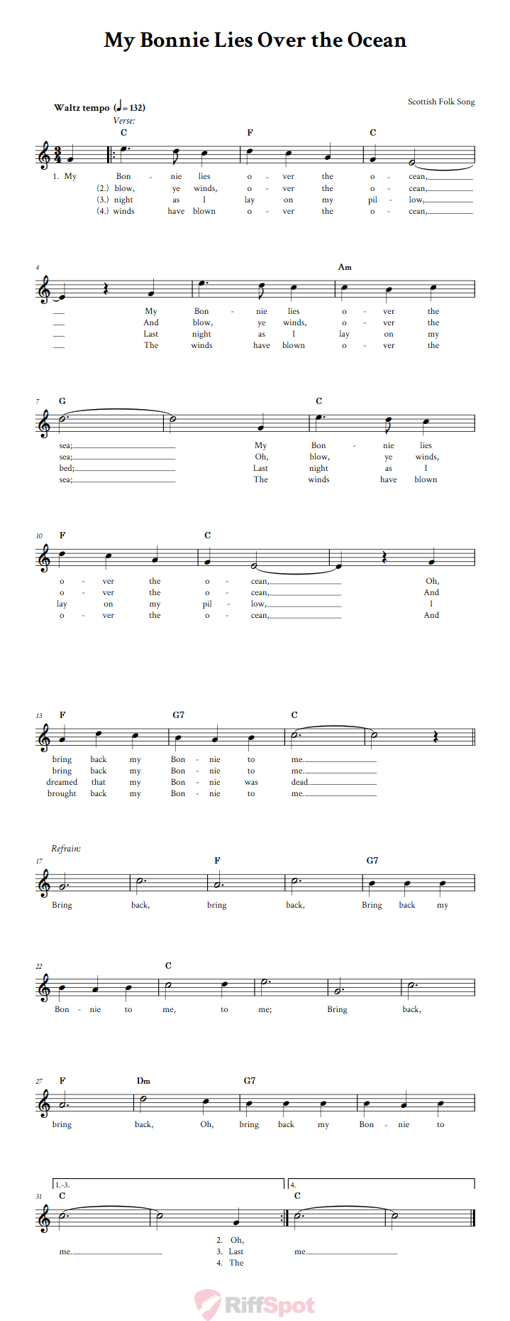My Bonnie Lies Over the Ocean: Chords, Lyrics, and Sheet Music for C ...