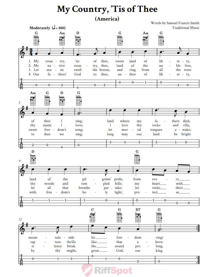 My Country Tis Of Thee Chords Sheet Music And Tab For Baritone   My Country Tis Of Thee Baritone Ukulele 