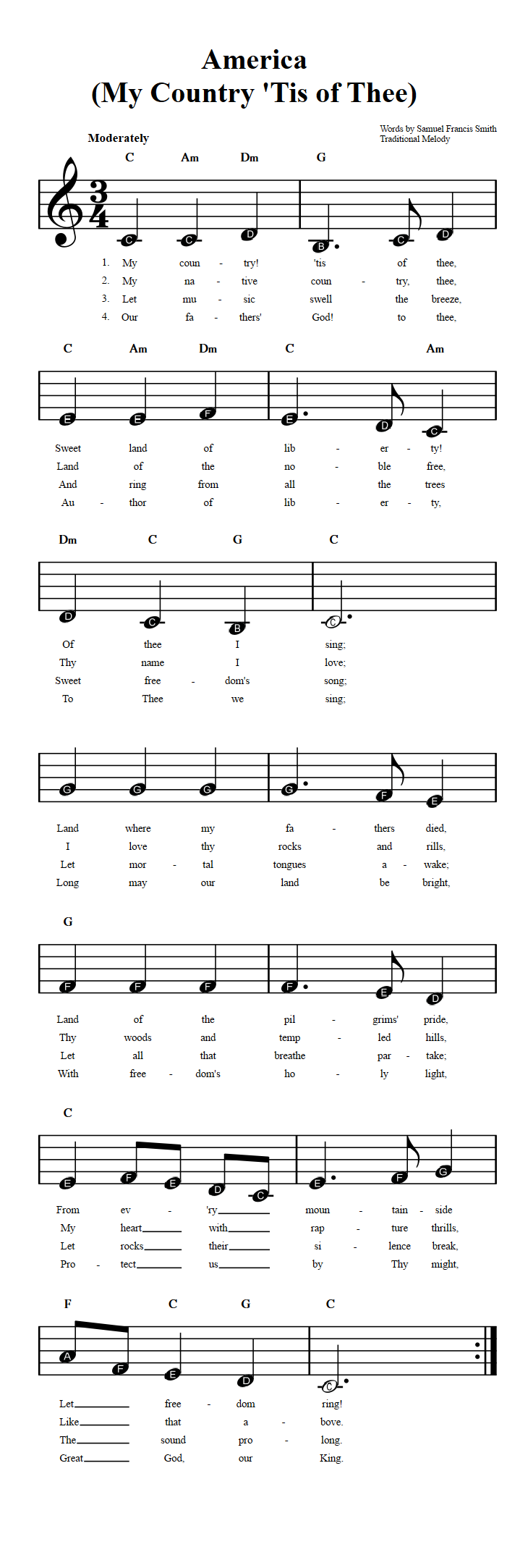 My Country 'Tis of Thee Beginner Sheet Music with Chords and Lyrics