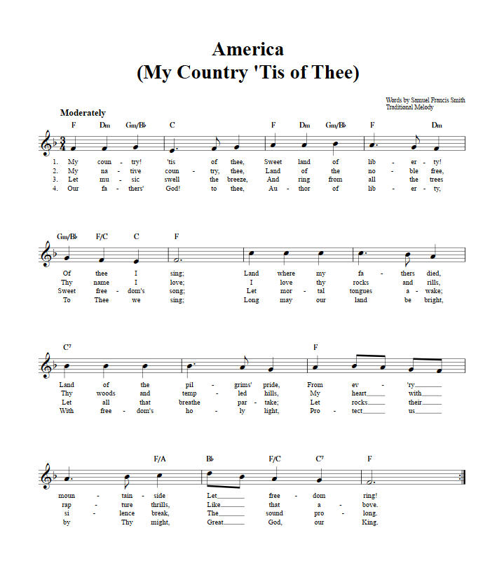 My Country 'Tis of Thee Chords, Lyrics, and Sheet Music for C Instruments