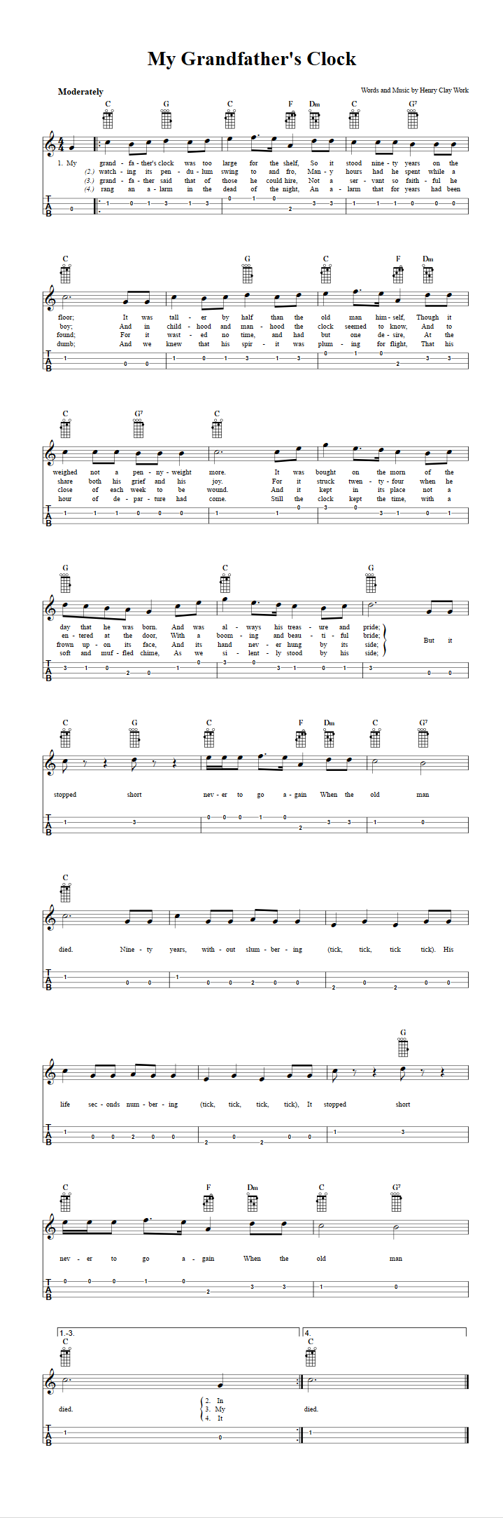 My Grandfather's Clock Chords, Sheet Music, and Tab for Baritone Ukulele with Lyrics