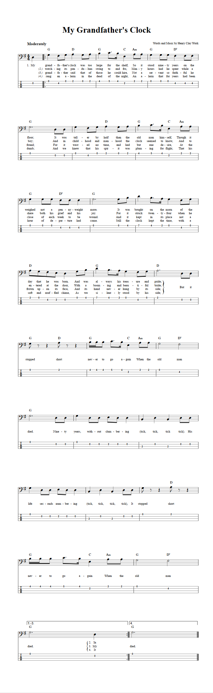 My Grandfather's Clock Chords, Sheet Music, and Tab for Bass Guitar with Lyrics
