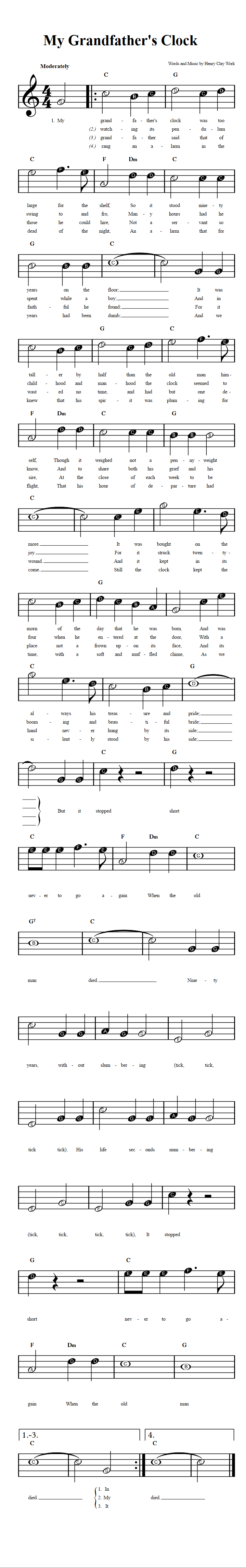 My Grandfather's Clock Beginner Sheet Music with Chords and Lyrics