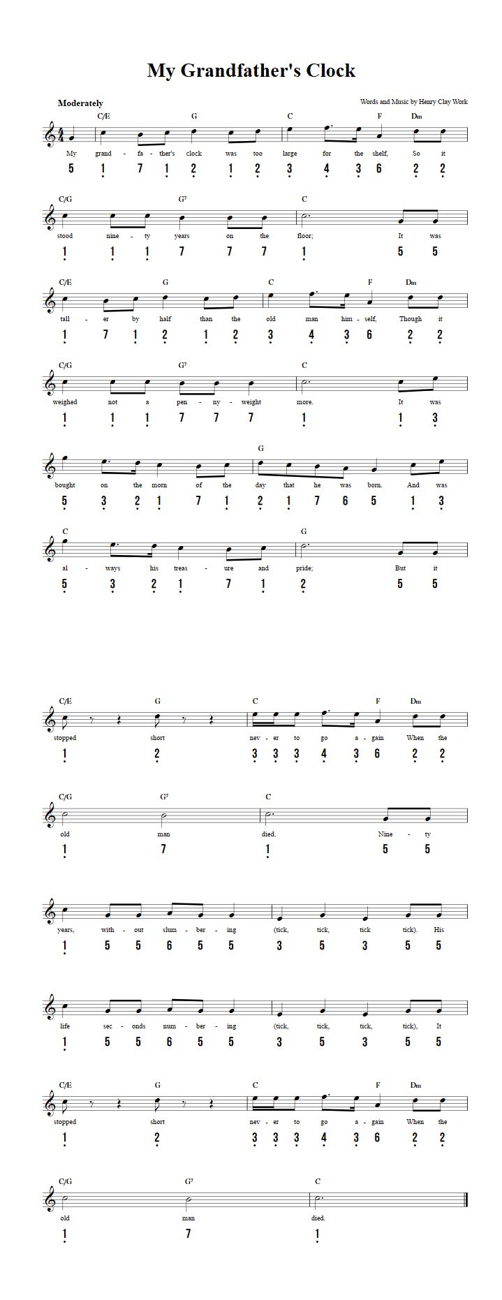 My Grandfather's Clock Chords, Sheet Music, and Tab for Kalimba with