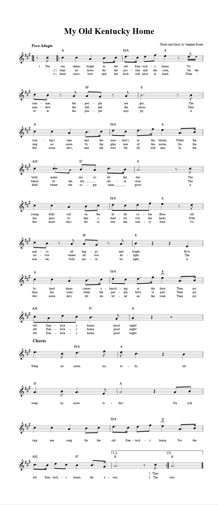 My Old Kentucky Home Chords, Lyrics, and Sheet Music for BFlat