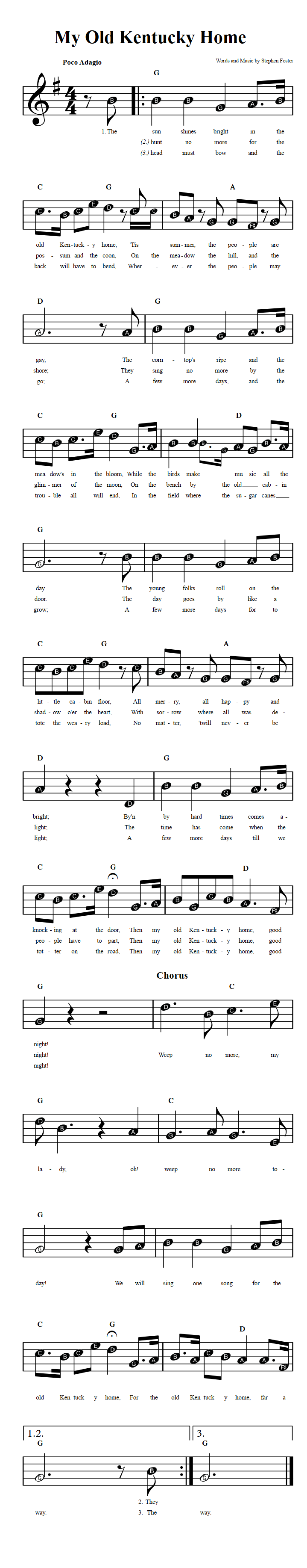 My Old Kentucky Home Beginner Sheet Music With Chords And Lyrics   My Old Kentucky Home Beginner 