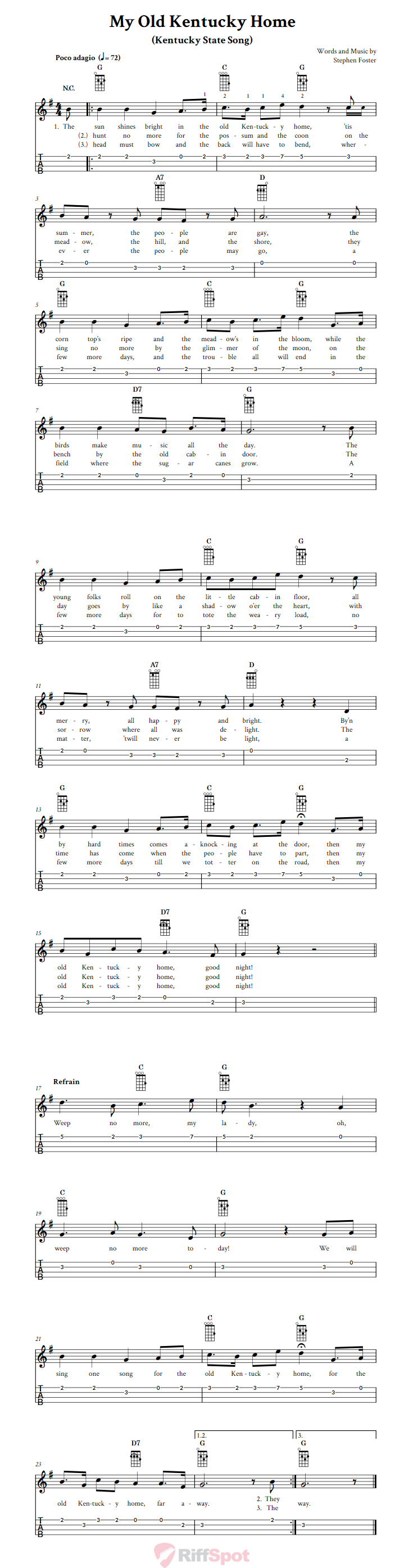 My Old Kentucky Home Chords Sheet Music And Tab For Ukulele With Lyrics 
