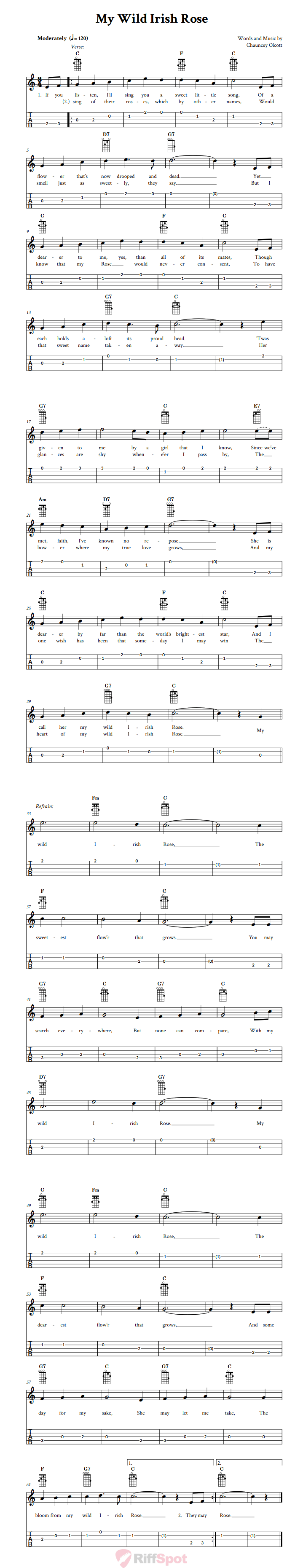 My Wild Irish Rose Chords, Sheet Music, and Tab for Banjo with Lyrics