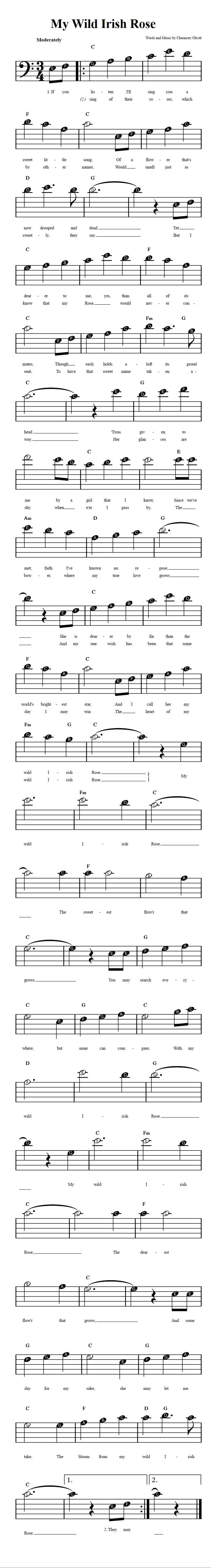 My Wild Irish Rose Beginner Bass Clef Sheet Music with Chords and Lyrics