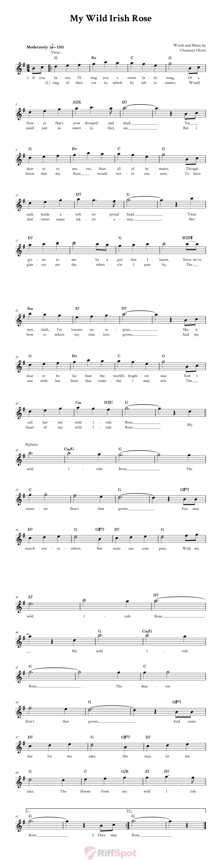 My Wild Irish Rose Chords, Lyrics, and Sheet Music for EFlat Instruments