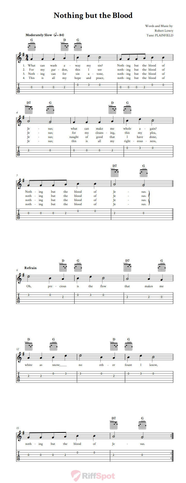 nothing but the blood chords sheet music and tab for guitar with lyrics