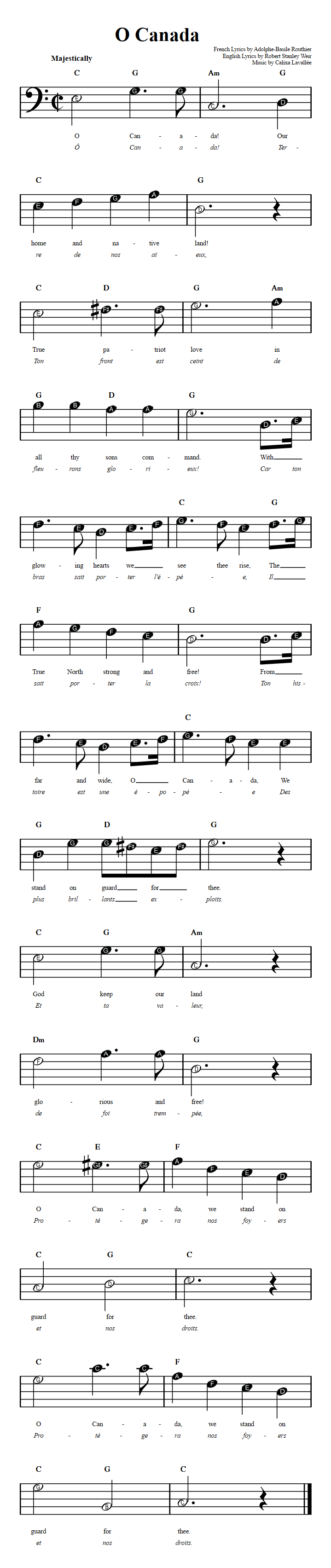 O Canada: Beginner Bass Clef Sheet Music with Chords and Lyrics