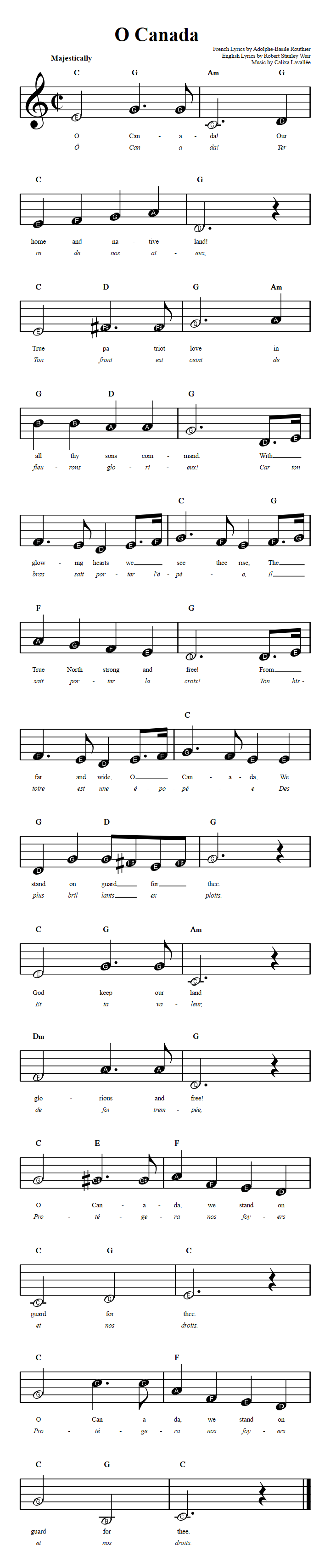 O Canada Beginner Sheet Music with Chords and Lyrics