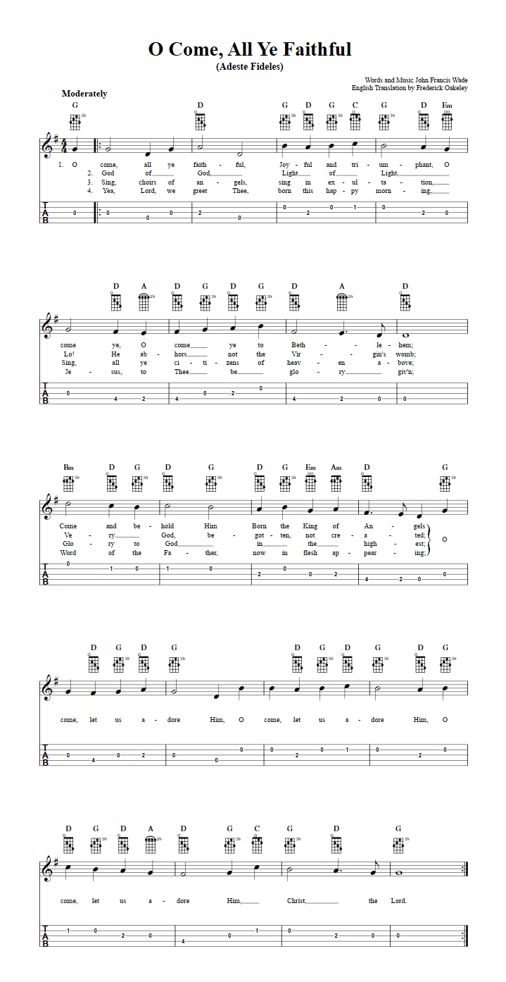O Come All Ye Faithful: Chords, Sheet Music, and Tab for Banjo with Lyrics