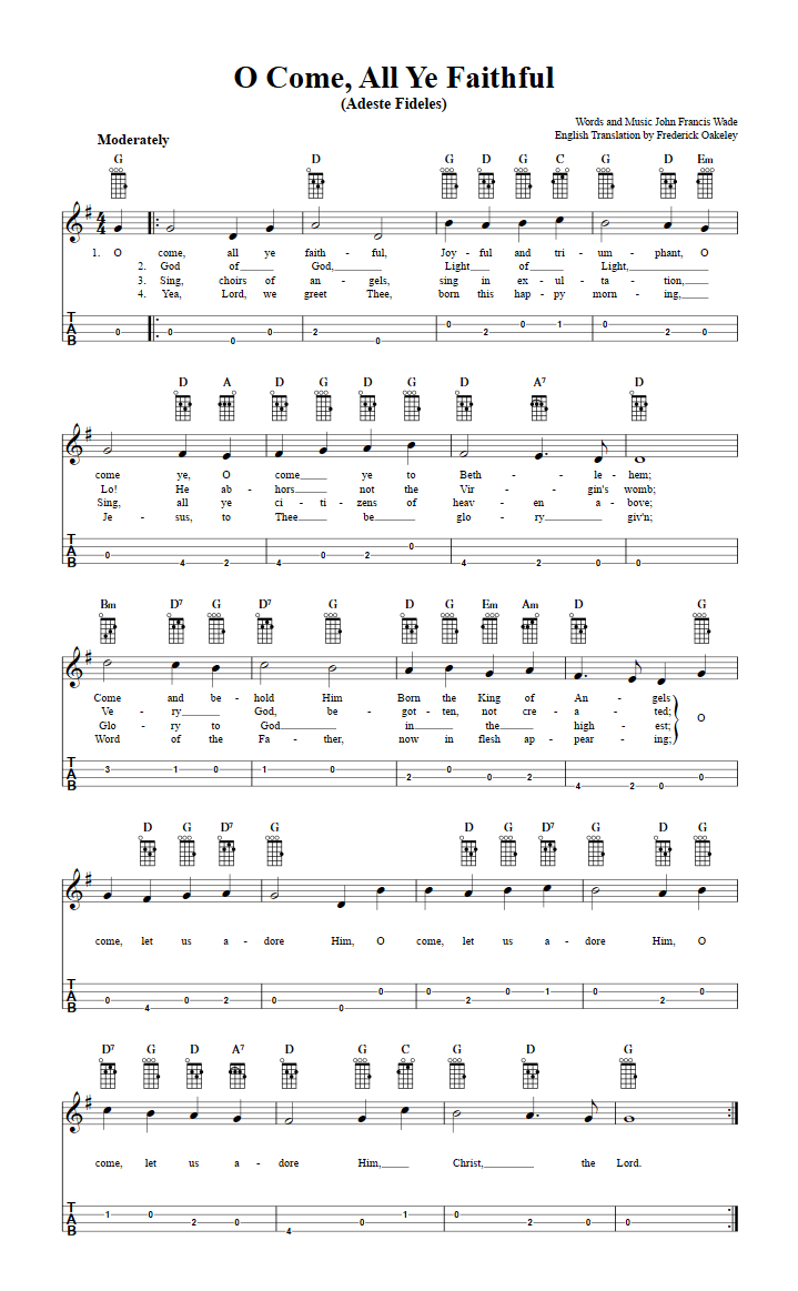 O Come All Ye Faithful: Chords, Sheet Music, and Tab for Baritone Ukulele with Lyrics