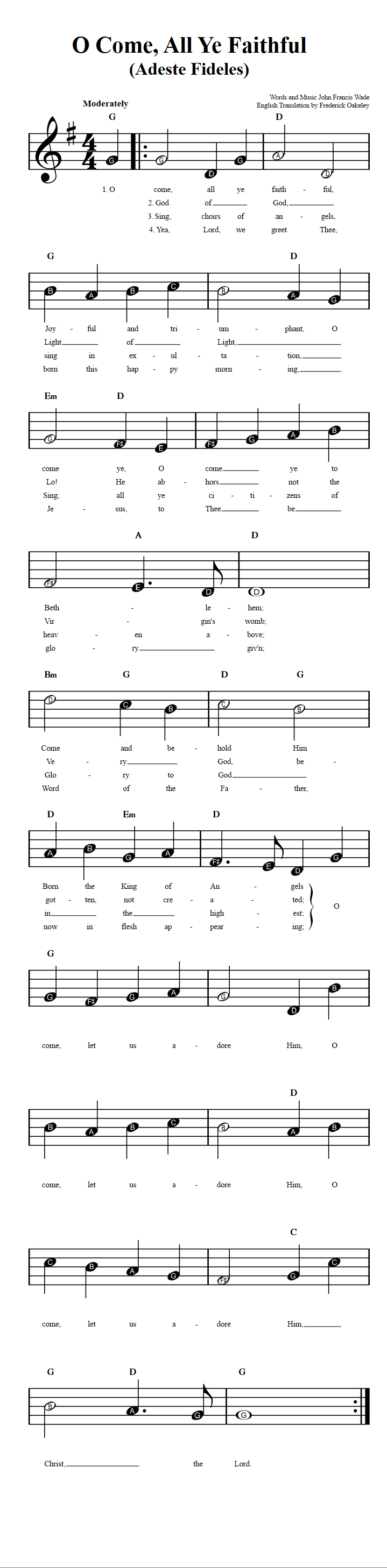 O Come All Ye Faithful: Beginner Sheet Music with Chords and Lyrics