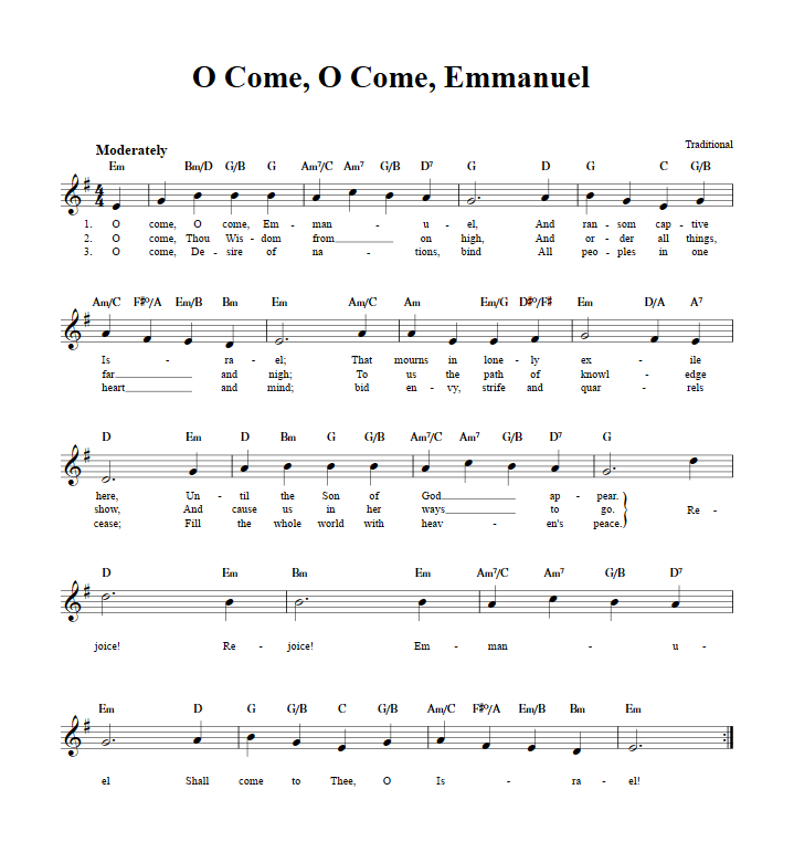 O Come, O Come Emmanuel: Chords, Lyrics, and Sheet Music for C Instruments