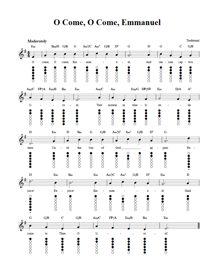 O Come, O Come Emmanuel: Sheet Music and Tab for Tin Whistle with Lyrics