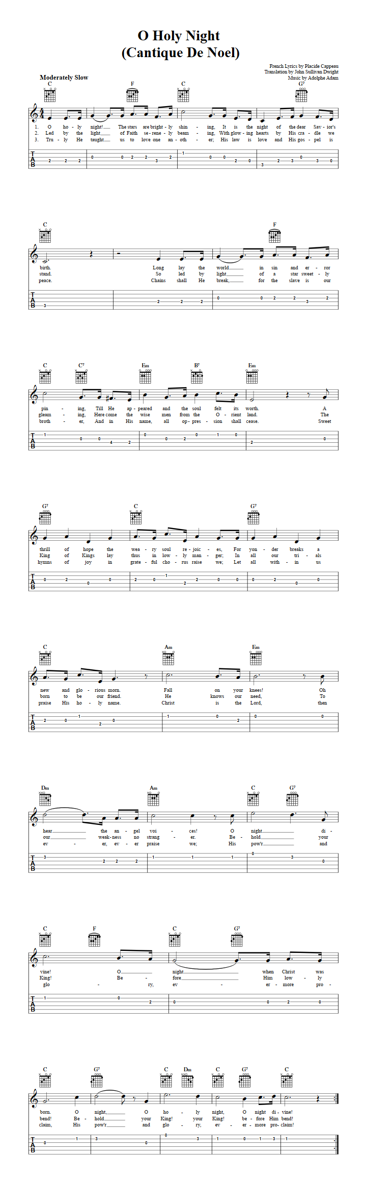 O Holy Night: Chords, Sheet Music, and Tab for Guitar with Lyrics