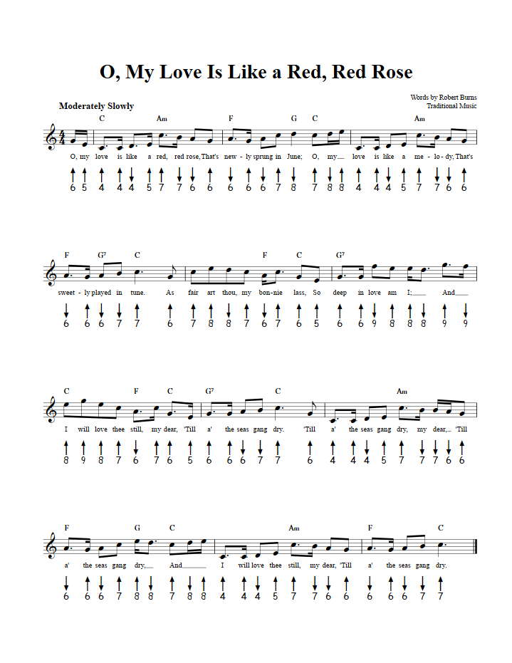 O, My Love Is Like a Red, Red Rose Chords, Sheet Music, and Tab for Harmonica with Lyrics