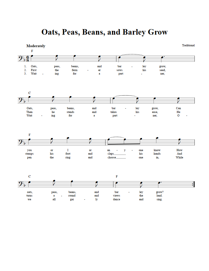 Oats, Peas, Beans, and Barley Grow Chords, Lyrics, and Bass Clef Sheet