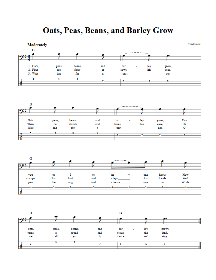 Oats, Peas, Beans, and Barley Grow Chords, Sheet Music, and Tab for