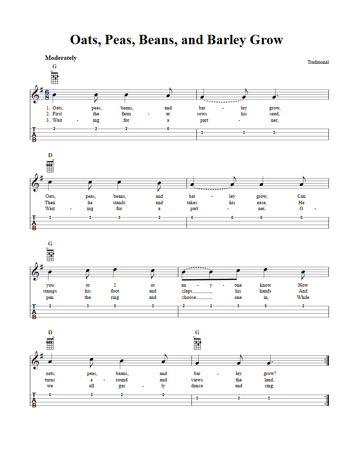 Oats, Peas, Beans, and Barley Grow Chords, Sheet Music and Tab for