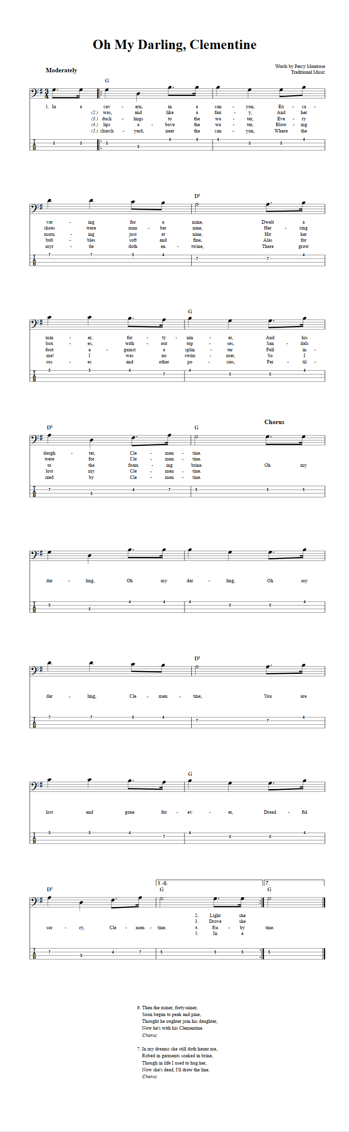 Oh My Darling Clementine Chords Sheet Music And Tab For Bass Guitar With Lyrics