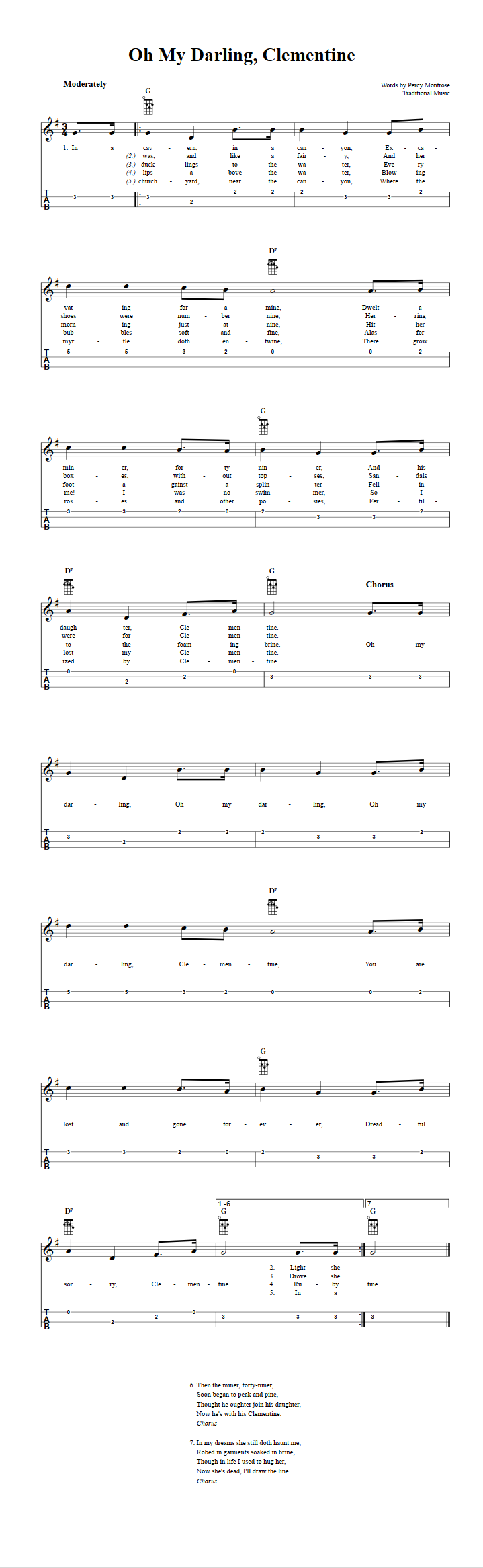 Oh My Darling Clementine Chords Sheet Music And Tab For Ukulele With Lyrics