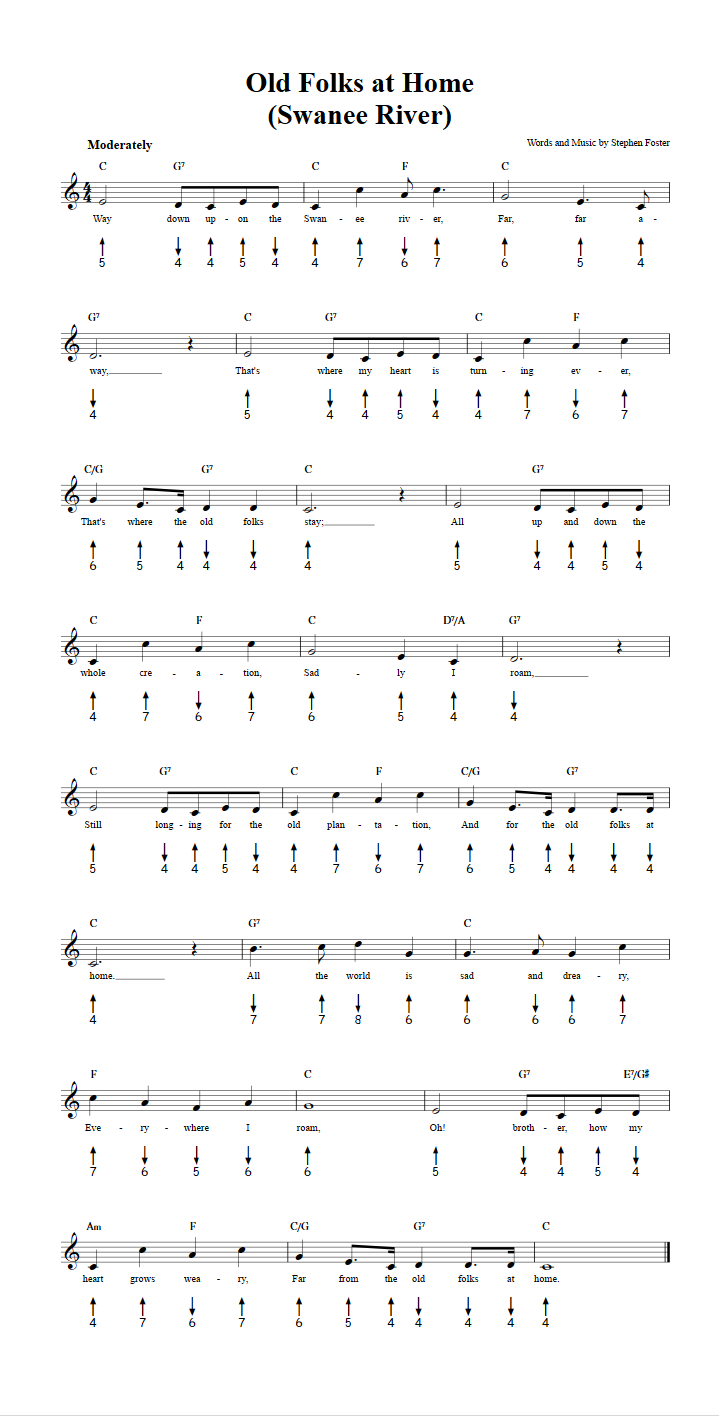 Old Folks at Home Chords, Sheet Music, and Tab for Harmonica with Lyrics