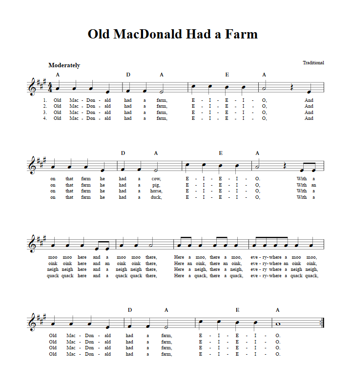 Old MacDonald Had a Farm: Chords, Lyrics, and Sheet Music for B-Flat ...
