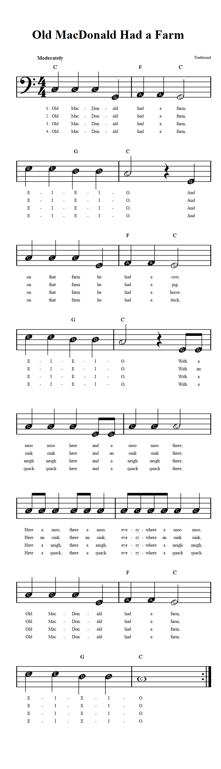 Old MacDonald Had a Farm: Beginner Bass Clef Sheet Music with Chords