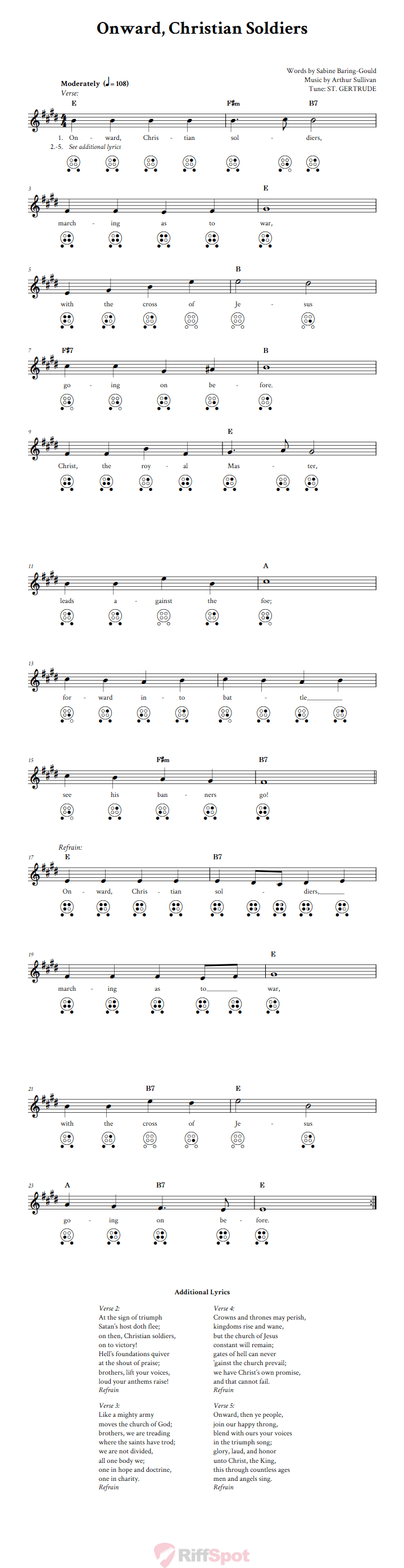 Onward, Christian Soldiers Chords, Sheet Music, and Tab for 6 Hole