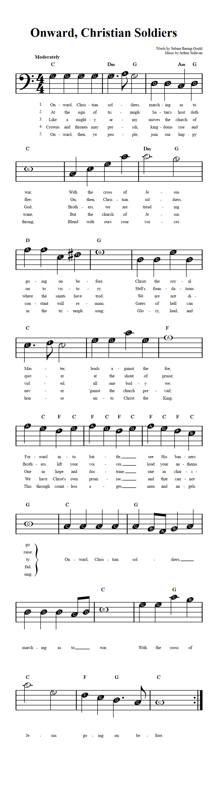 Onward, Christian Soldiers Beginner Bass Clef Sheet Music with Chords and Lyrics