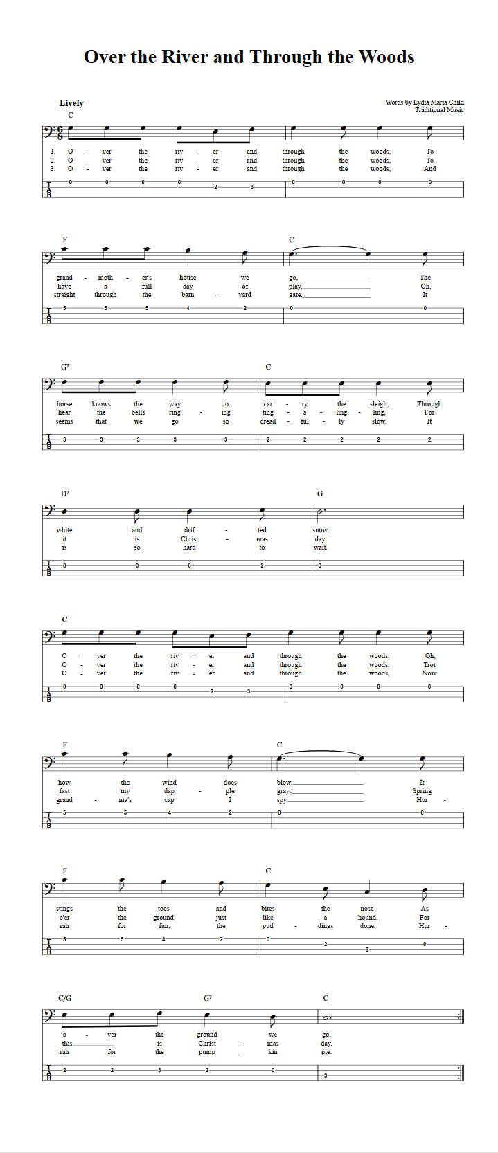 Over the River and Through the Woods: Chords, Sheet Music, and Tab for Bass Guitar with Lyrics