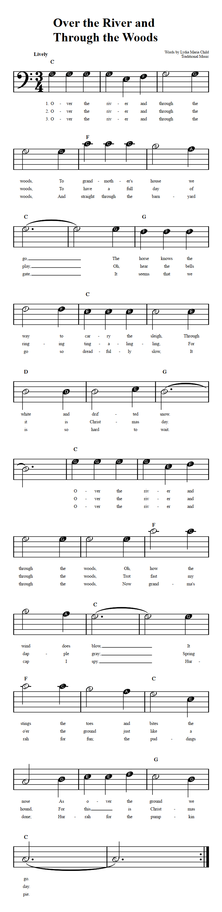Over the River and Through the Woods Beginner Bass Clef Sheet Music