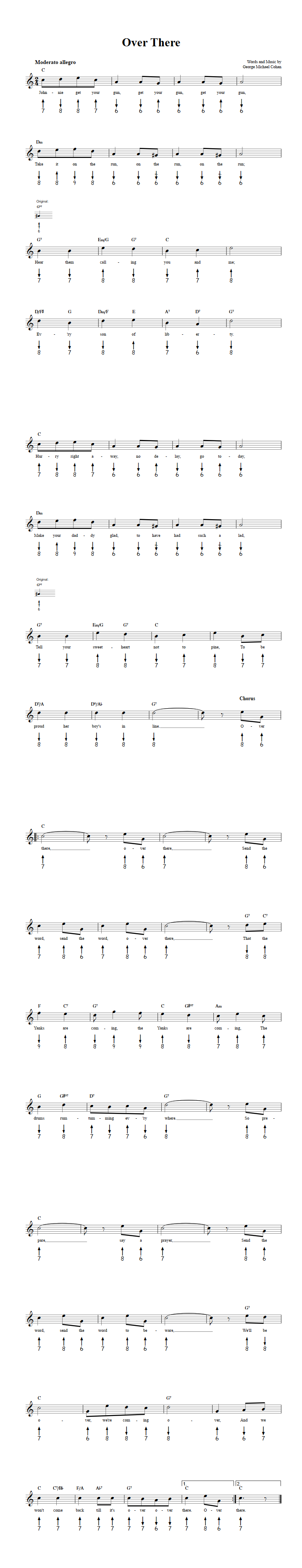 Over There: Chords, Sheet Music, and Tab for Harmonica with Lyrics