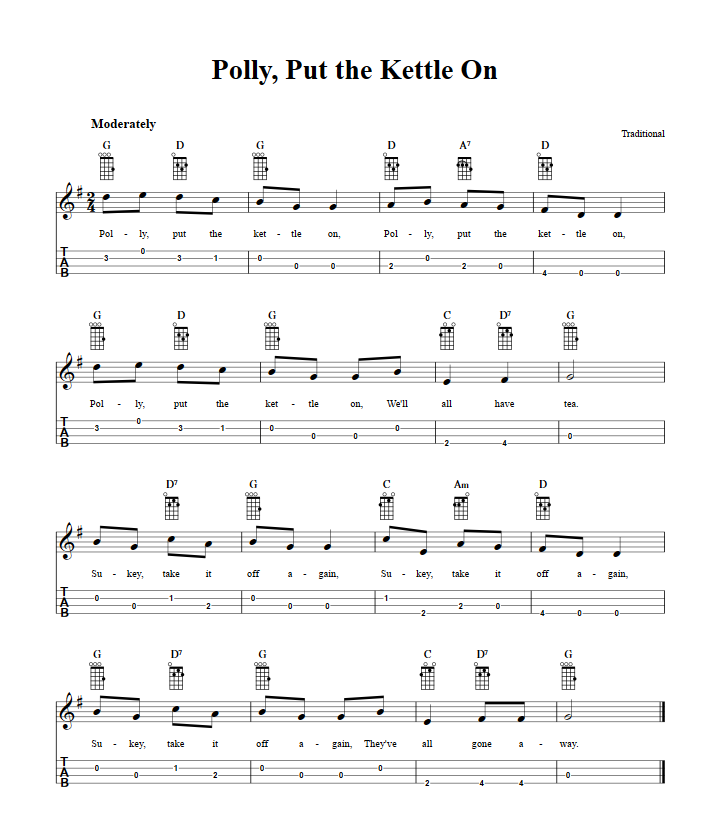 polly put the kettle on chords sheet music and tab for