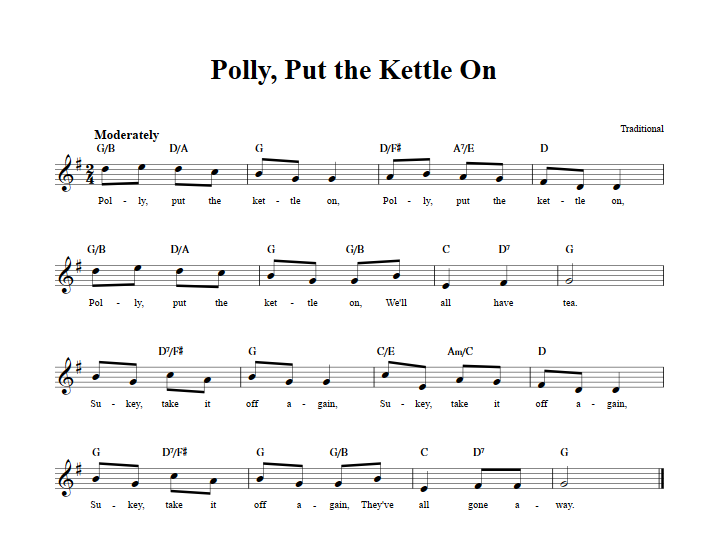 Polly Put the Kettle On Chords, Lyrics, and Sheet Music for C Instruments