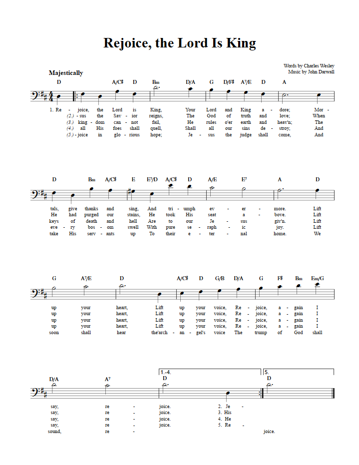 Rejoice, the Lord Is King: Chords, Lyrics, and Bass Clef Sheet Music