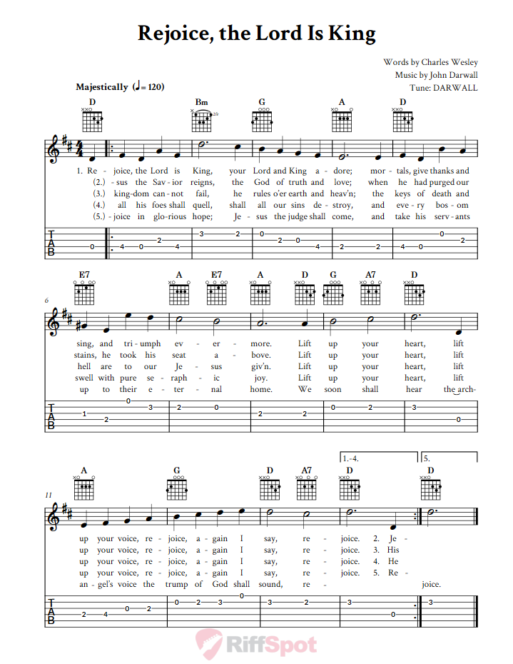 Rejoice The Lord Is King Chords Sheet Music And Tab For Guitar With ...