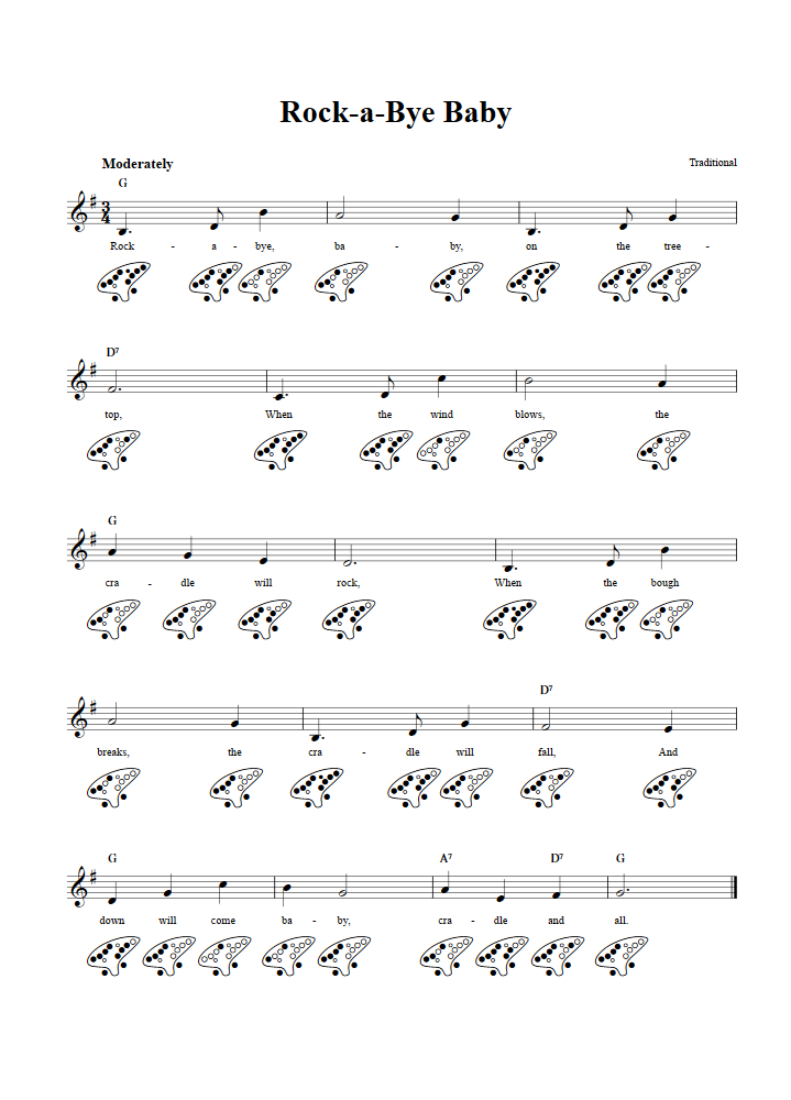RockaBye Baby Chords, Sheet Music, and Tab for 12 Hole Ocarina with