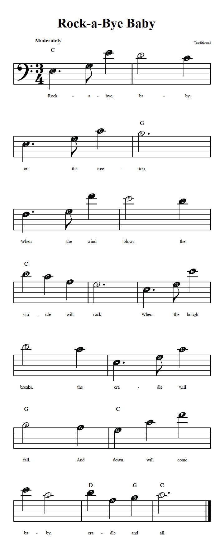 RockaBye Baby Beginner Bass Clef Sheet Music with Chords and Lyrics