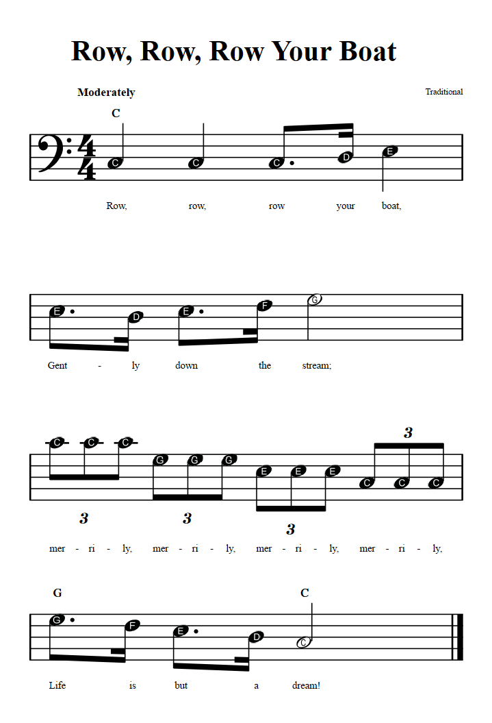 Row, Row, Row Your Boat: Beginner Bass Clef Sheet Music with Chords and
