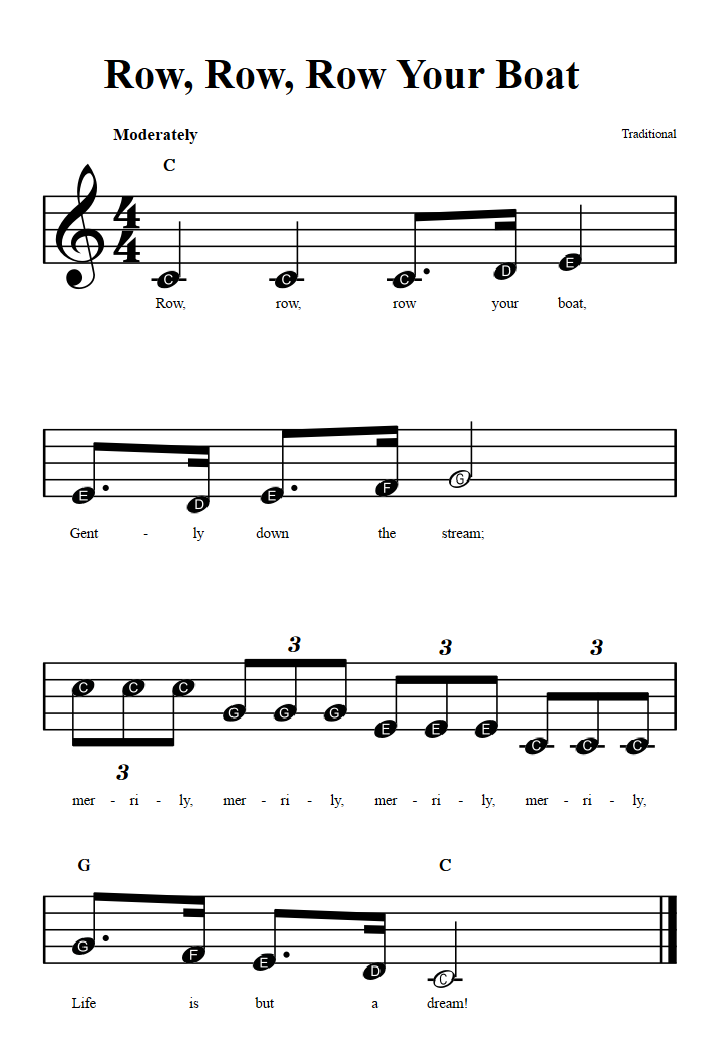 Row Row Row Your Boat Beginner Sheet Music With Chords And Lyrics