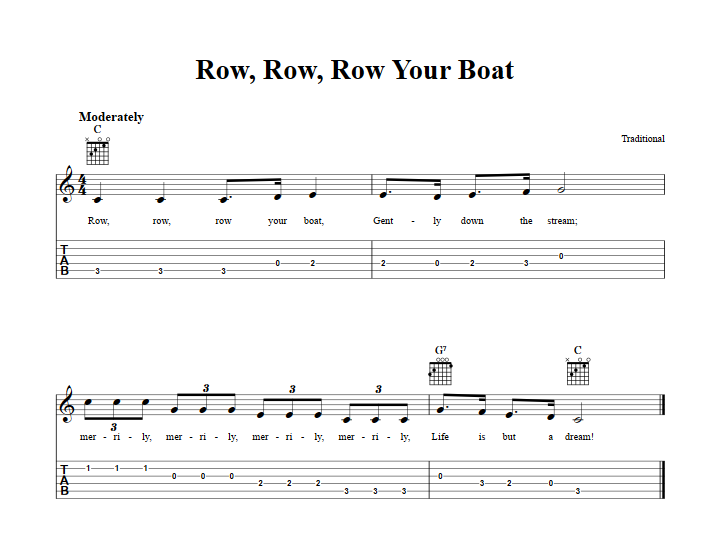 Row, Row, Row Your Boat: Chords, Sheet Music, and Tab for Guitar with