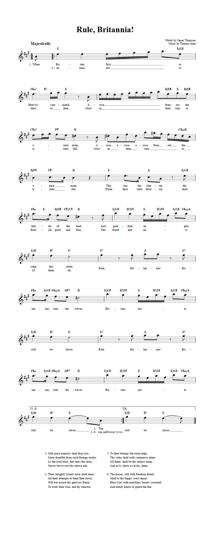 Rule, Britannia Chords, Lyrics, and Sheet Music for EFlat Instruments